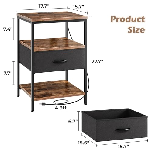 SUPERJARE Nightstand with Charging Station, Fabric Drawer, 3-Tier Storage, Walnut K366263