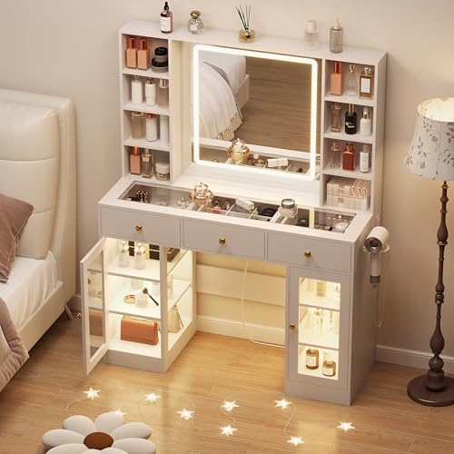 White Vanity Desk with Mirror and Lights, Glass Top, 3 Drawers V863482