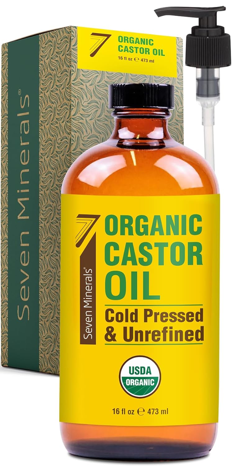 Seven Minerals Organic Cold Pressed Castor Oil, 16 fl oz Glass Bottle K5370
