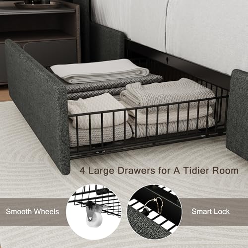 Queen Bed Frame with 4 Storage Drawers and Charging Station, Black S804993