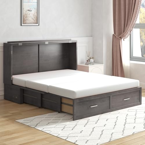 PUREMIND Queen Murphy Bed Cabinet with 2 Storage Drawers and USB Charging Station R5817