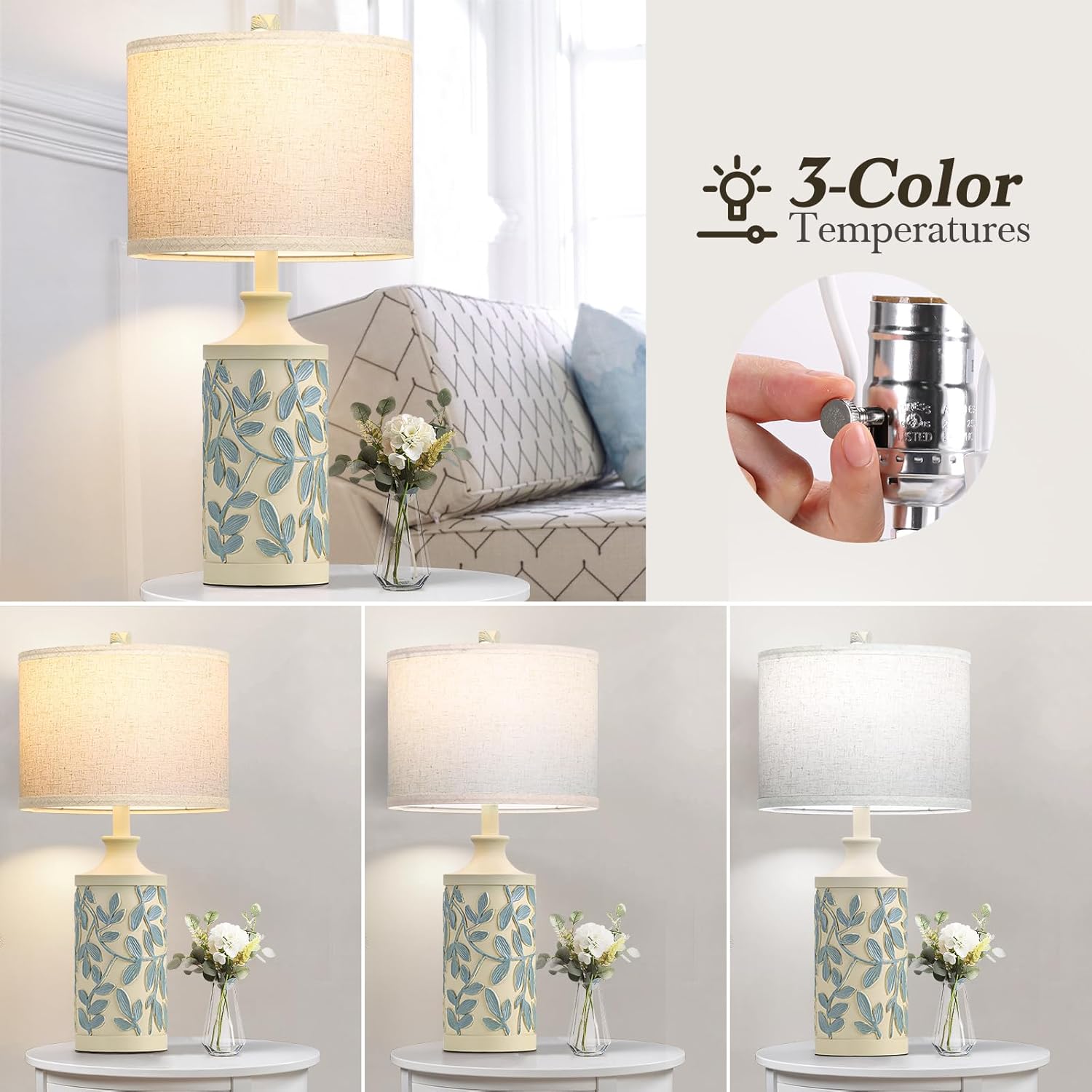24" Farmhouse Cream Table Lamps Set of 2, 3 Color Temperatures, Bulbs Included J699