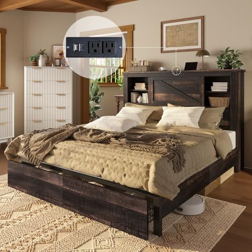 AMERLIFE 47.2" H King Bed Frame with Hidden Space Bookcase Headboard and Charging Station, Beds with 2 Storage Drawers and Wood Slats, No Box Spring Needed, Grey