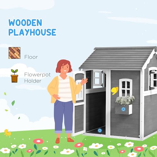 Outsunny Wooden Playhouse for Kids with Floor, Door, Windows & Planter Box, Gray J692318