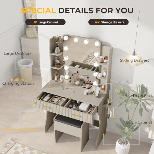 White Vanity Desk with LED Mirror and Storage Stool D5834