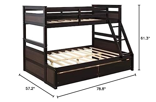 Twin Over Full Bunk Bed with Ladder, Solid Wood, Gray Y4986