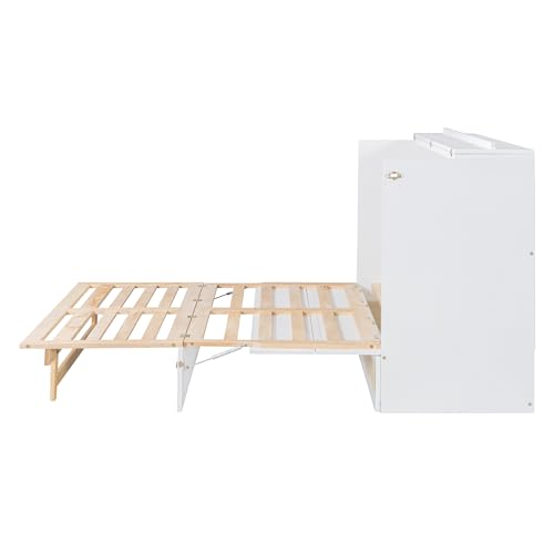 Ball & Cast Queen Size Solid Pine Murphy Bed with Charging Station, White + Walnut P2075