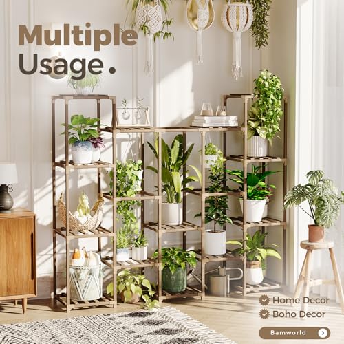 Bamworld Plant Stand Indoor Outdoor Wood Plant Rack 3 Tier Ladder D51744