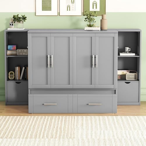 Ball & Cast Queen Size Solid Pine Murphy Bed with Charging Station, White + Walnut P2075