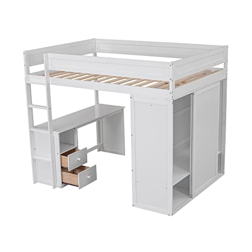Full Size Solid Wood Loft Bed with Wardrobes, Desk and Storage Cabinet, White J33469