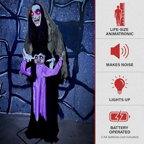 Haunted Hill Farm 5.25-ft Standing Gravekeeper Animatronic with Red LED Eyes and Sound Effects X9371