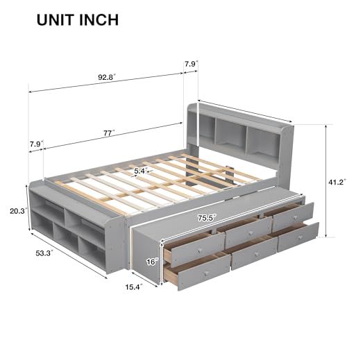 SOFTSEA Full Size Platform Bed with Storage Drawers and Bookcase Headboard, White V613109