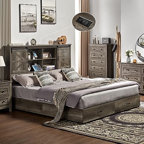 VanAcc Full Size Wooden Platform Bed with Bookcase Headboard and 2 Drawers O6158