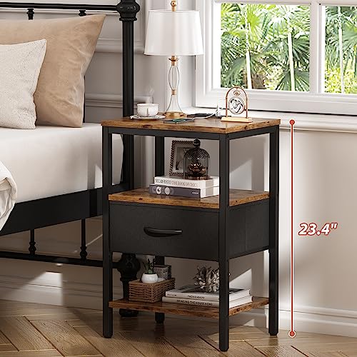 SUPERJARE Nightstand with Charging Station, Fabric Drawer, 3-Tier Storage, Walnut K366263