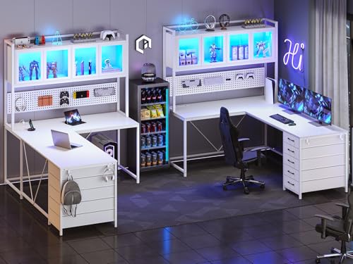 SEDETA L Shaped Gaming Desk with Drawers, LED Lights, and Power Outlet O3738