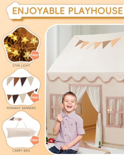 Kids Tent Playhouse with Star Lights, Flags and Tote Bags, Washable Teepee for Boys & Girls V1120