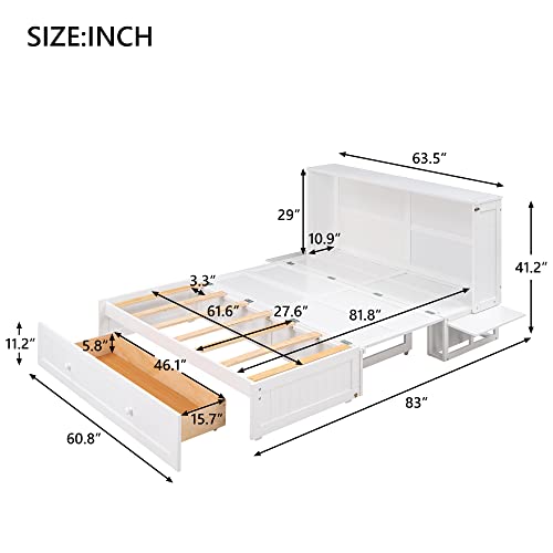 Queen Size Solid Pine Murphy Bed Chest with Charging Station and Storage Drawer K498