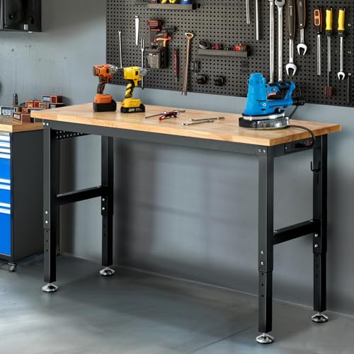48 Inch Adjustable Height Workbench with Rubberwood Tabletop and Power Outlets X1723