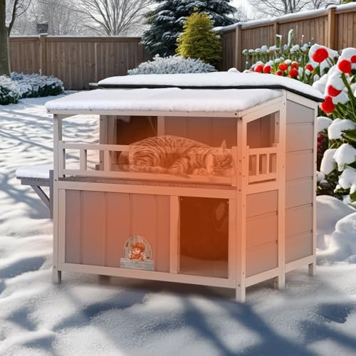 Warm Wood Cat Shelter with Sunlight Roof for Outdoor Use J791