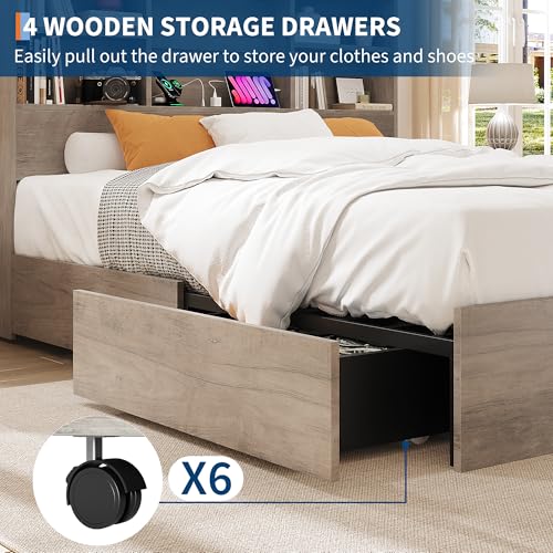 GarveeHome Full Size Bed Frame with Bookcase Headboard and Charging Station Z337
