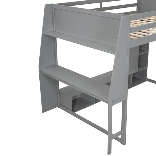 SOFTSEA Full Size Loft Bed with Desk, Storage and LED Lights, Solid Wood, Grey Q282