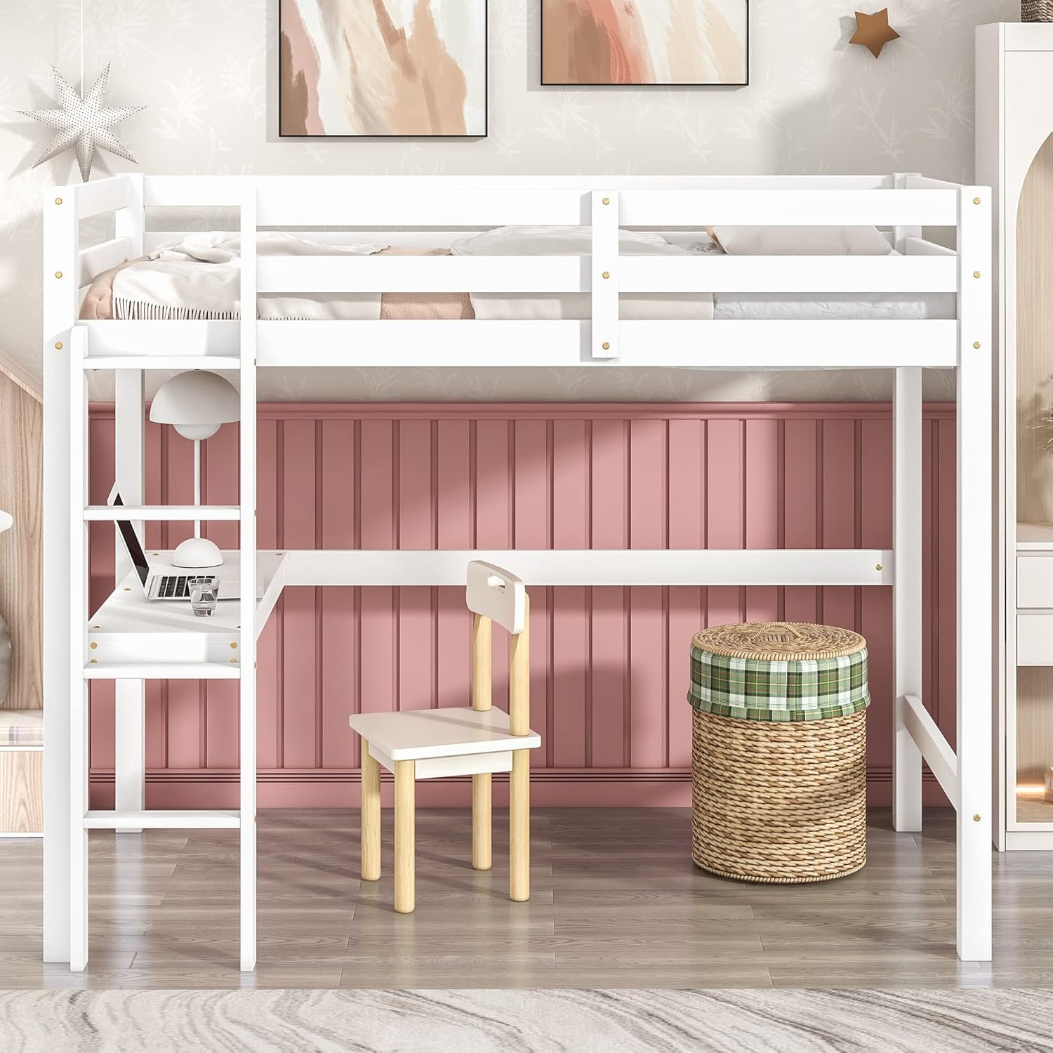 Wooden Twin Size Loft Bed with Desk and Ladder for Kids Teens, White O403068