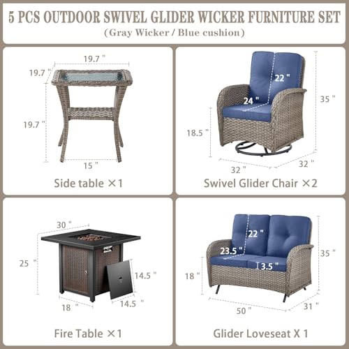 Outdoor Wicker Swivel Rocker Chairs Set of 2 with Rattan Side Table, Brown/Blue B592