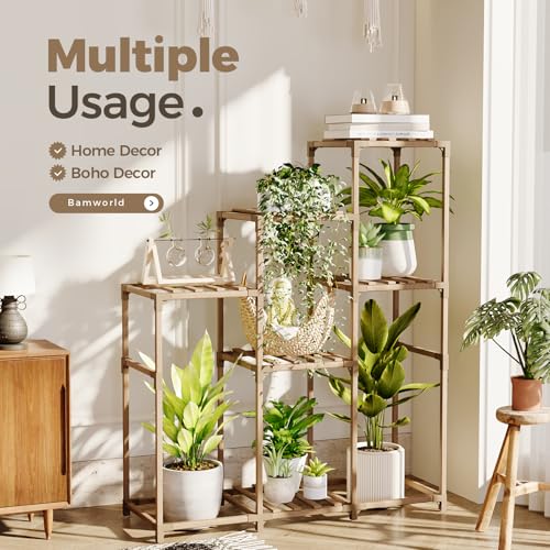 Bamworld Plant Stand Indoor Outdoor Wood Plant Rack 3 Tier Ladder D51744