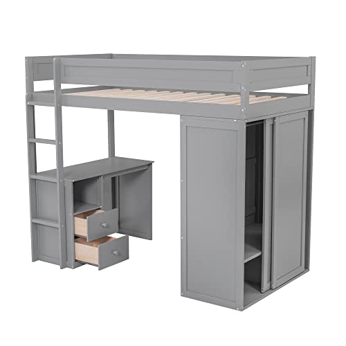Full Size Loft Bed with Storage Wardrobe and Desk for Kids Teens Adults White K66587