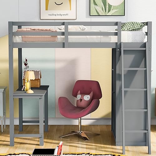 Harper & Bright Designs Full Size Loft Bed with Wardrobe and Desk, Solid Wood, White R4710