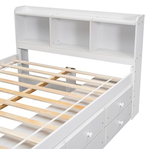 SOFTSEA Full Size Platform Bed with Storage Drawers and Bookcase Headboard, White V613109