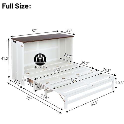 Queen Murphy Bed Cabinet with Storage Drawer and Charging Station, Solid Pine, White A401