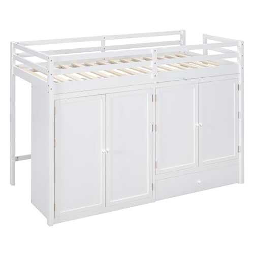Harper & Bright Designs Twin Size Loft Bed with L-Shaped Desk and Stairs, Solid Wood, White D768