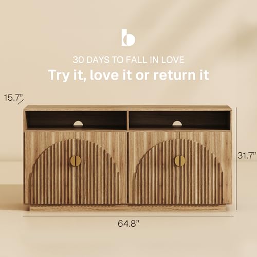 BELLEZE 65 Inch Fluted Buffet Cabinet with Storage, Caramel Brown U96619