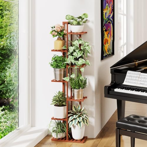 ROSSNY 48 Inch Tall 6-Tier Bamboo Plant Stand for Indoor Plants, Corner Plant Shelf, Natural W935552