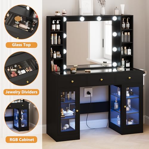 White Vanity Desk with Mirror and Lights, Glass Top, 3 Drawers V863482