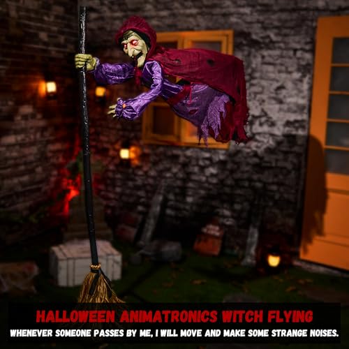 Halloween Animatronics Flying Witch Decorations, 6ft Animated Floating Witch with Sound Z3833