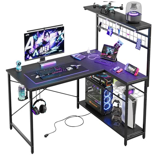 Bestier 42 L Gaming Desk with Power Outlets, LED Lights and Shelves D8630