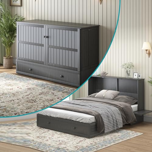 BALUS Queen Murphy Bed Cabinet with USB Charging Station, Cherry Q863
