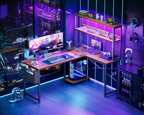 AODK L Shaped Gaming Desk with LED Light & Power Outlet, Grey Oak P41493