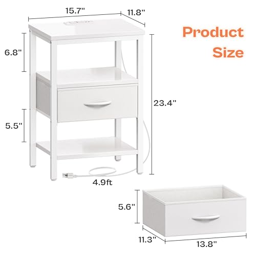 SUPERJARE Nightstand with Charging Station, Fabric Drawer, 3-Tier Storage, Walnut K366263