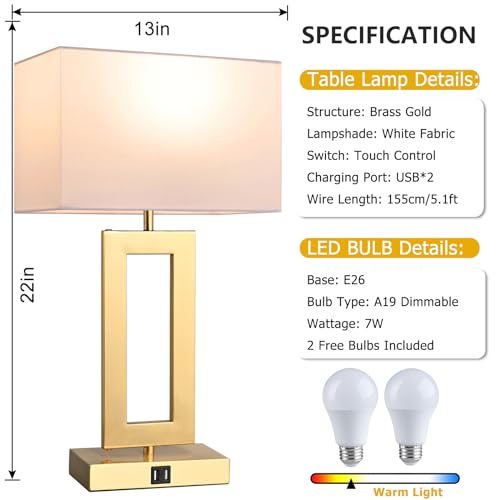 22" Touch Control Table Lamps with USB Ports, Dimmable, Gold & White V1178