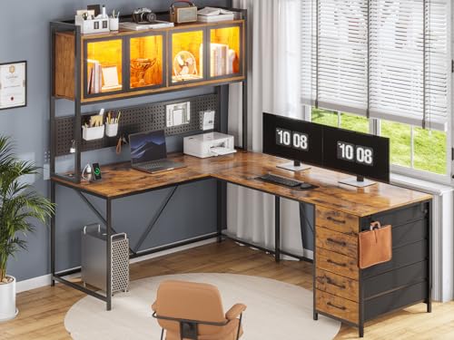 SEDETA L Shaped Gaming Desk with Drawers, LED Lights, and Power Outlet O3738