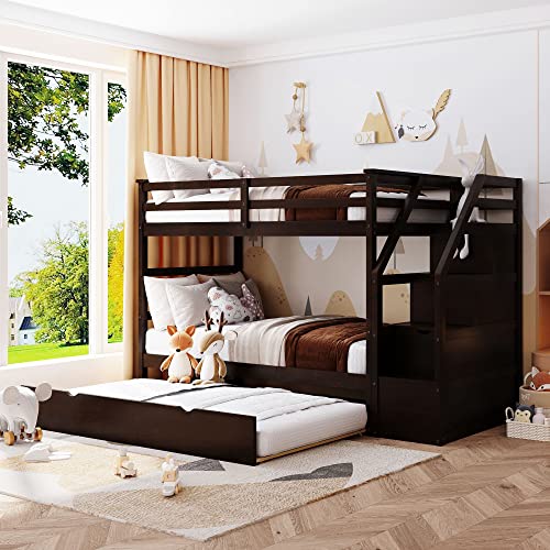 Twin-Over-Twin Bunk Bed with Trundle,Bunk Beds with Storage Stairs,Wood Bunk Bedframe for Kids, Teens, Adults, No Box Spring Needed(White)