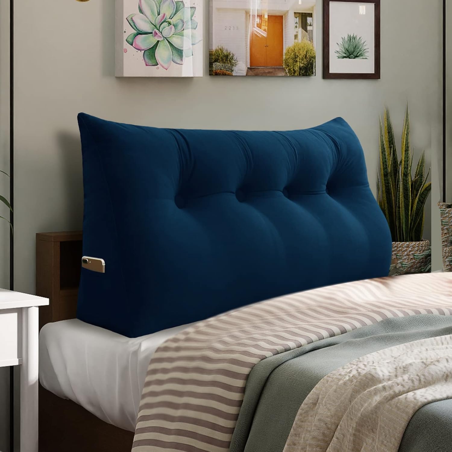 Roner Ergonomics Headboard Reading Pillow Back Support for Sitting Up in Bed Large Adult Backrest Wedge Lounge Cushion Body Positioning Bedrest Velvet Deep Blue Full