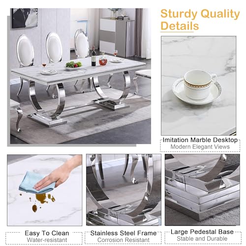 Goujxcy White Marble Dining Table Set for 6 with 4 Leather Chairs M989