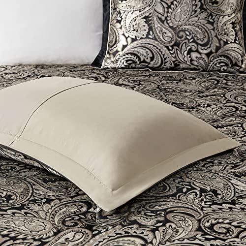 Madison Park Cal King 7 Piece Comforter Set, Faux Silk Jacquard Paisley, Black S501