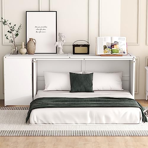 Queen Size Solid Pine Murphy Bed Chest with Charging Station and Storage Drawer K498