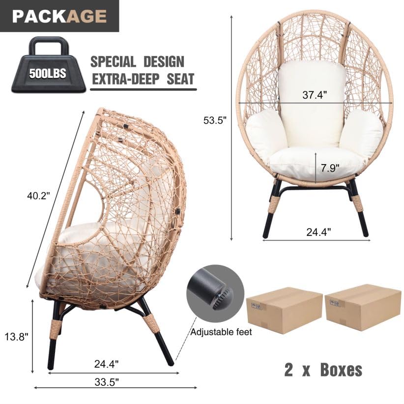 Patio PE Wicker Egg Chair with Rattan Beige Cushion, 2 Pieces P34252