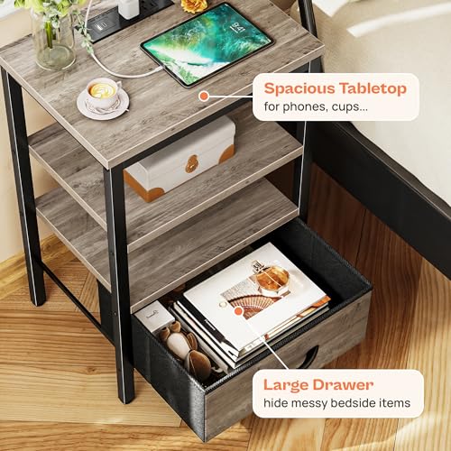 SUPERJARE Nightstand with Charging Station, Fabric Drawer, 3-Tier Storage, Walnut K366263